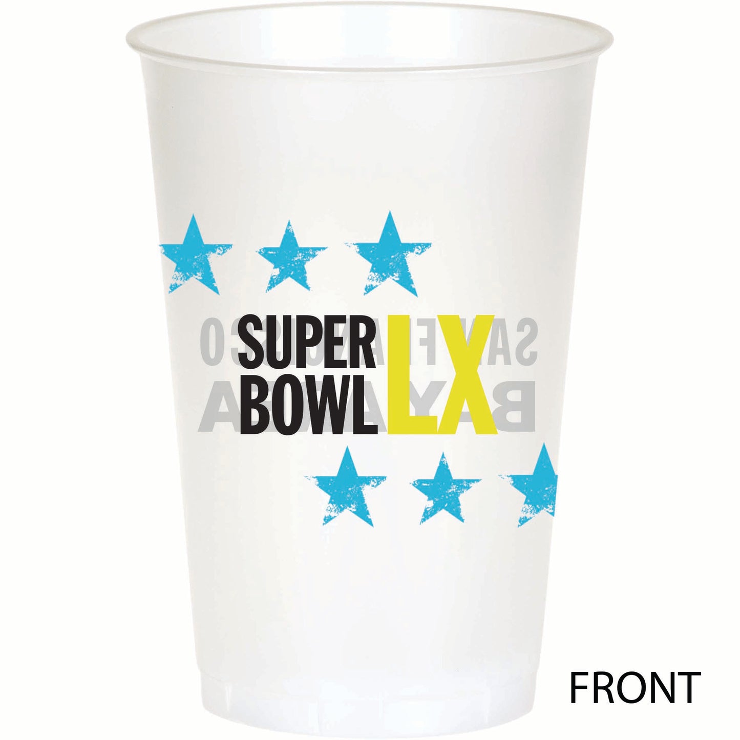 Plastic keepsake cup with Super Bowl LX text and star designs on a white background