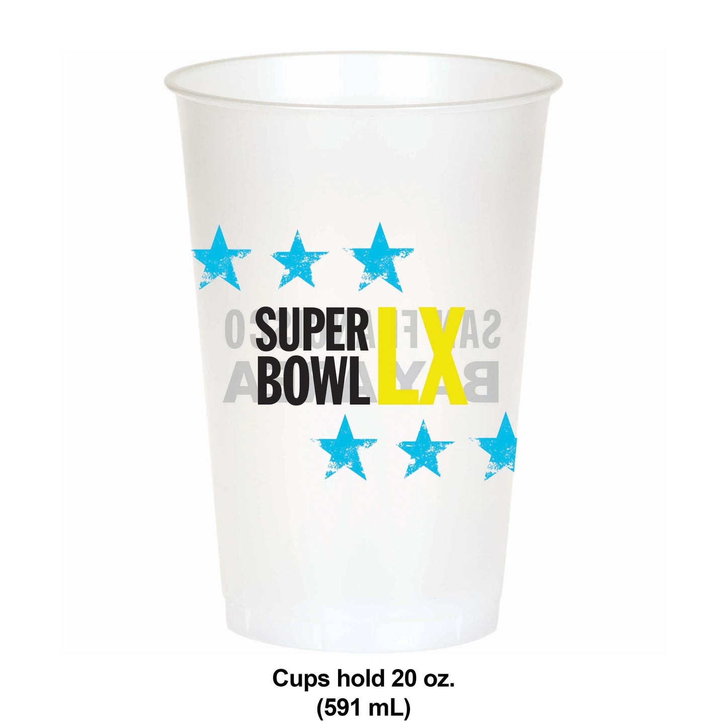 Plastic cup with Super Bowl LX branding on a white background. Dimensions shown.