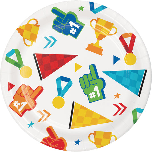 Colorful paper plate with sport-themed icons on a white background