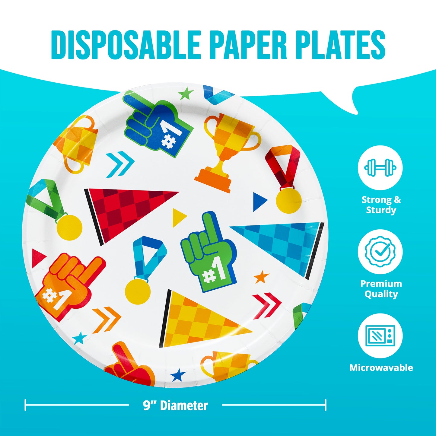 Disposable paper plate with colorful designs on a blue background, featuring text and icons indicating features.