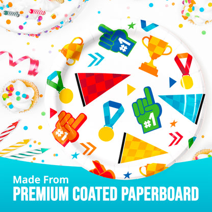 Colorful party-themed icons on a white background with text 'Made From Premium Coated Paperboard'.