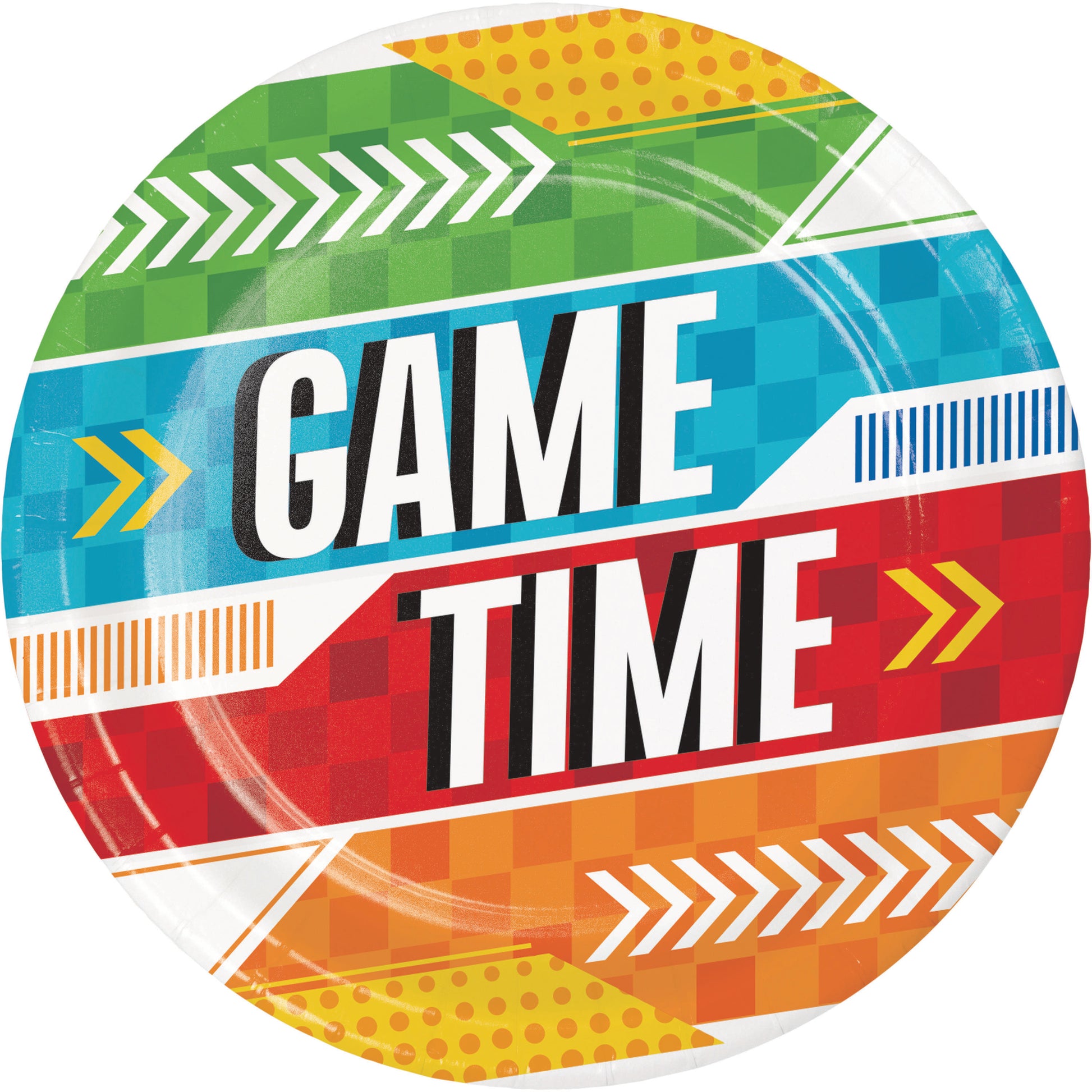 Colorful plate with 'GAME TIME' text on a geometric patterned background