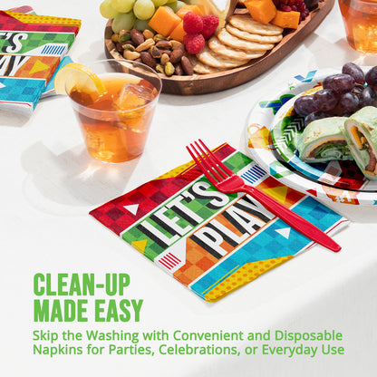 Colorful disposable napkins with cutlery on a table with food and drinks.