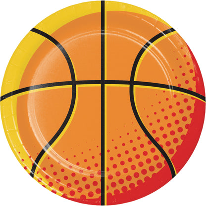 Basketball-themed paper plate with orange and black design on a white background