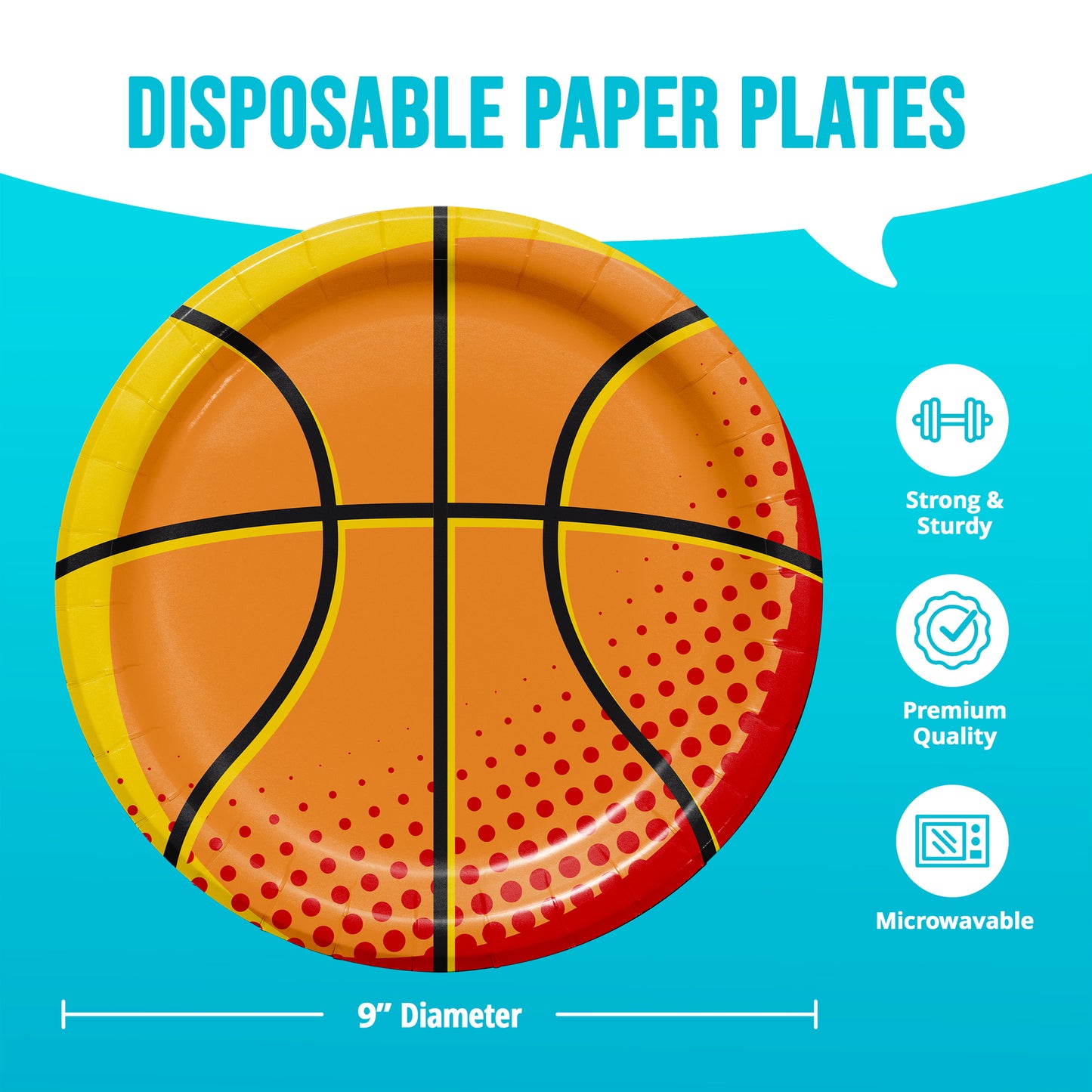 Basketball-themed disposable paper plate with features listed on a blue background with dimensions