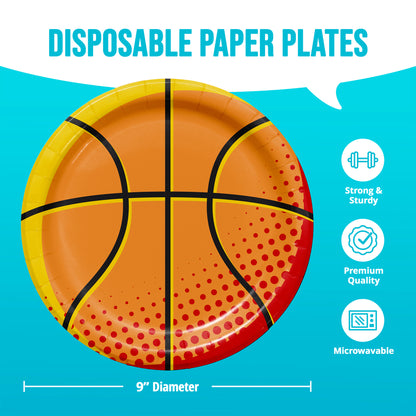 Basketball-themed disposable paper plate with features listed on a blue background with dimensions