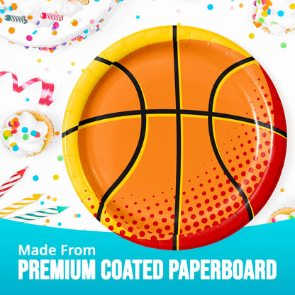 Basketball-themed paper plate with colorful confetti and party decorations in the background.