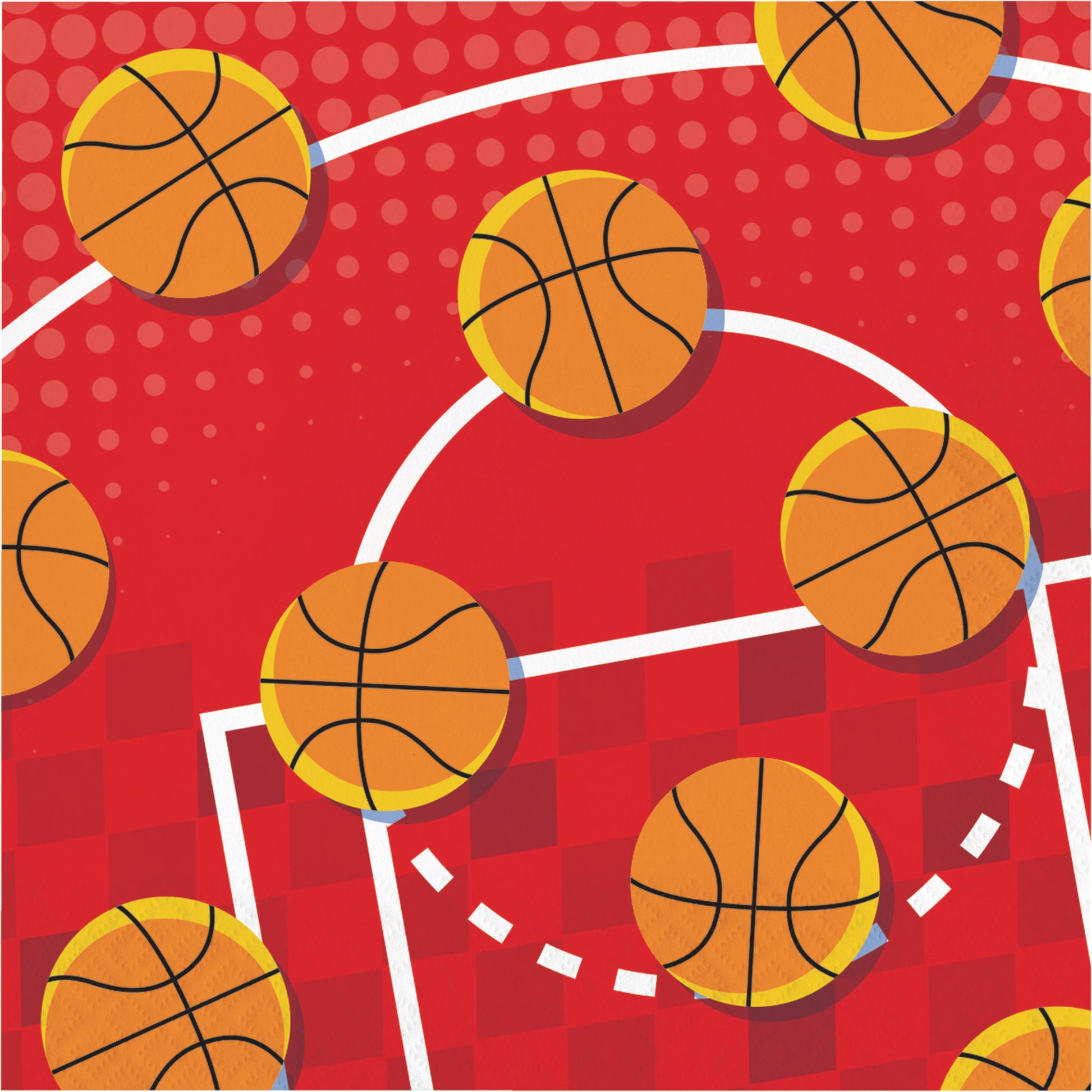 Napkin with pattern of basketballs on a red background with a basketball court design