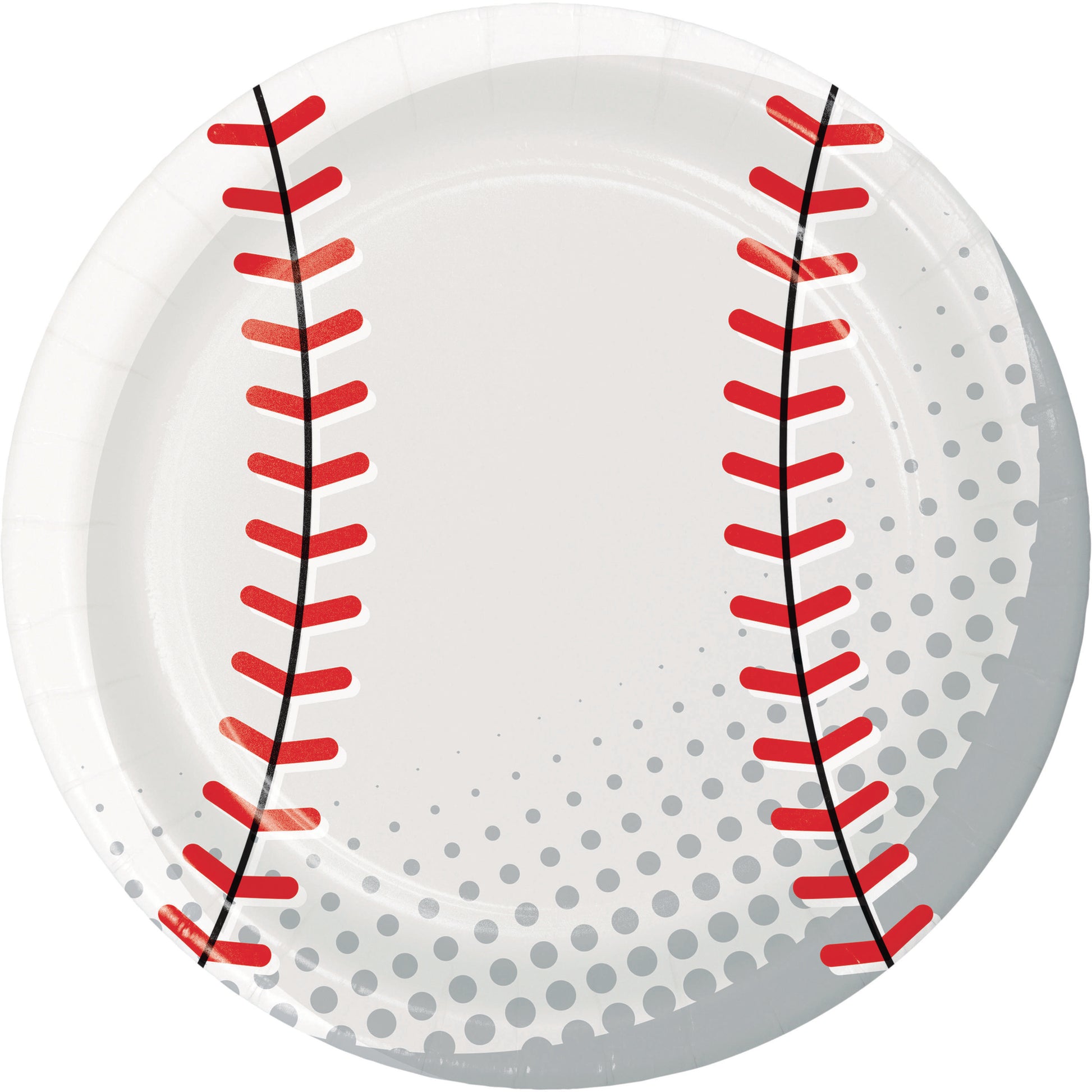 Baseball design plate with red stitching on a white background