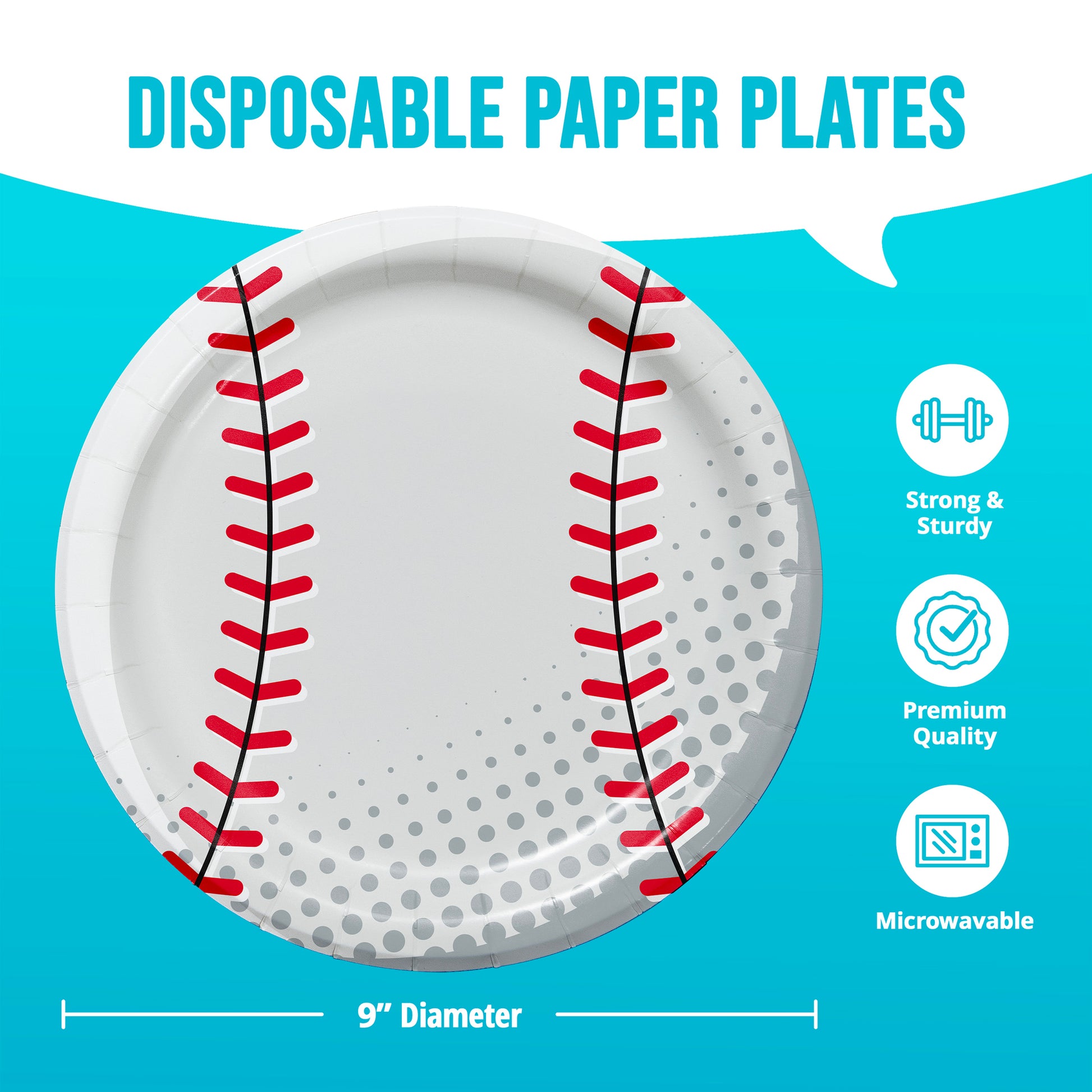 Disposable paper plate with baseball design on a blue background with infographics and dimensions