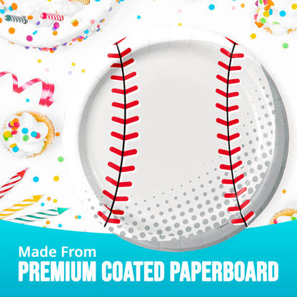 Baseball-themed paper plate with red stitching on a colorful background