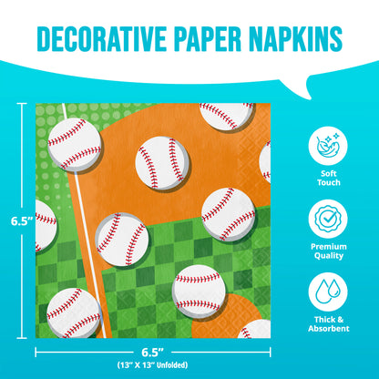 Decorative paper napkins with baseball design on a green and orange background, featuring product details and specifications.