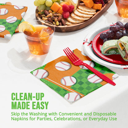 Disposable napkins with baseball design on a table with food and drinks.