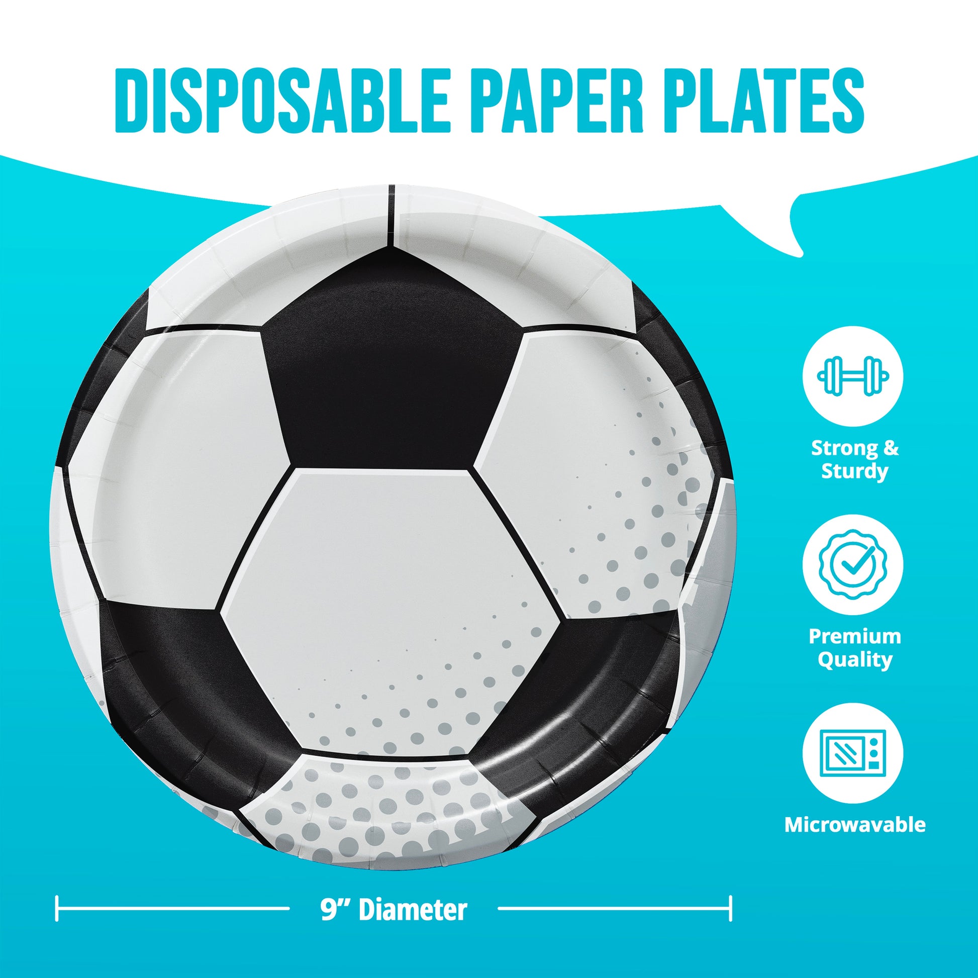Disposable paper plate designed like a soccer ball with product features on a blue background