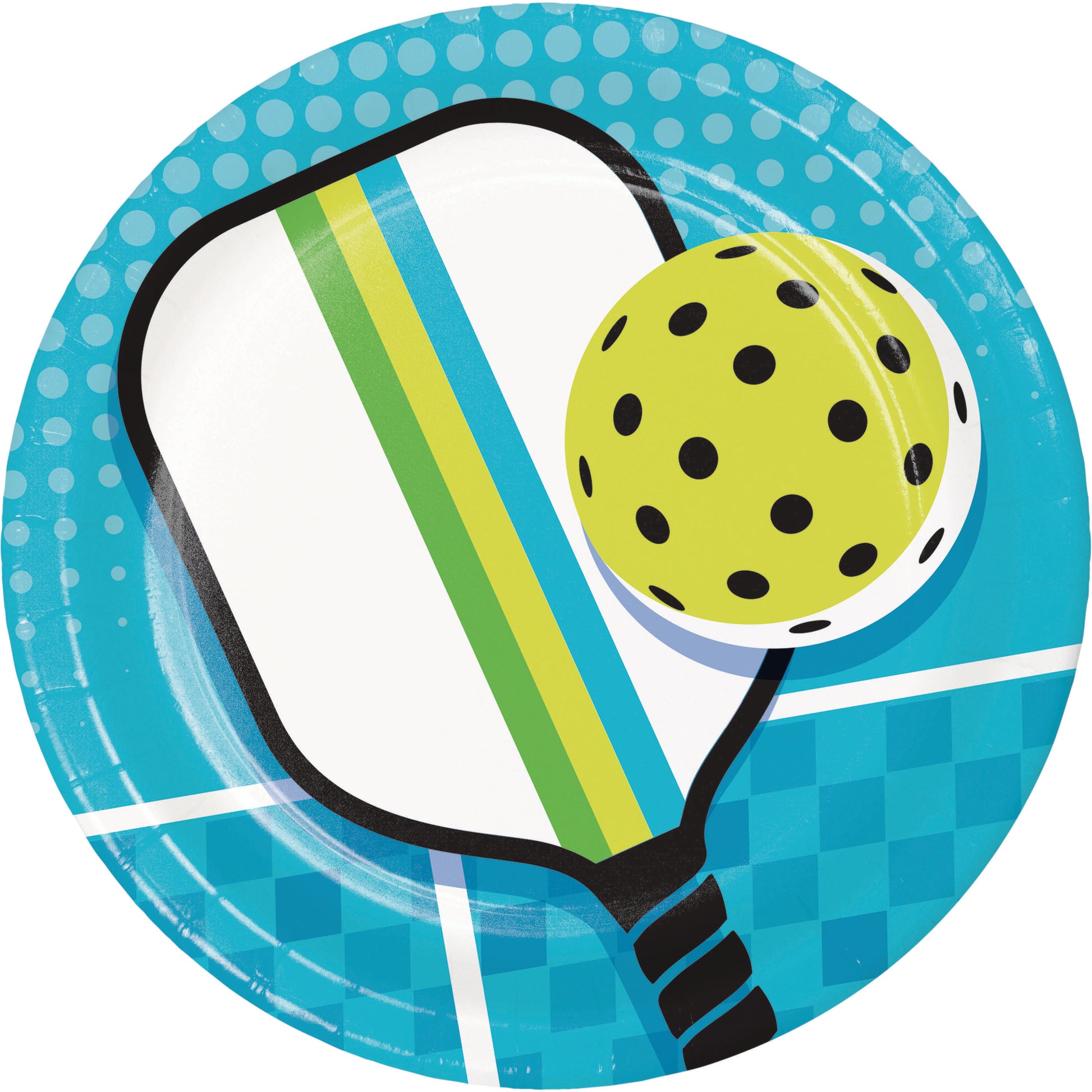 Paper plate with pickleball paddle and ball on a blue checkered background