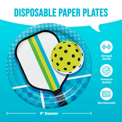 Disposable paper plate with pickleball design on a blue background, featuring icons for strength, quality, and microwavability.