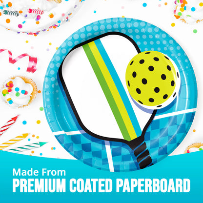 Party plate with pickleball design on a colorful background