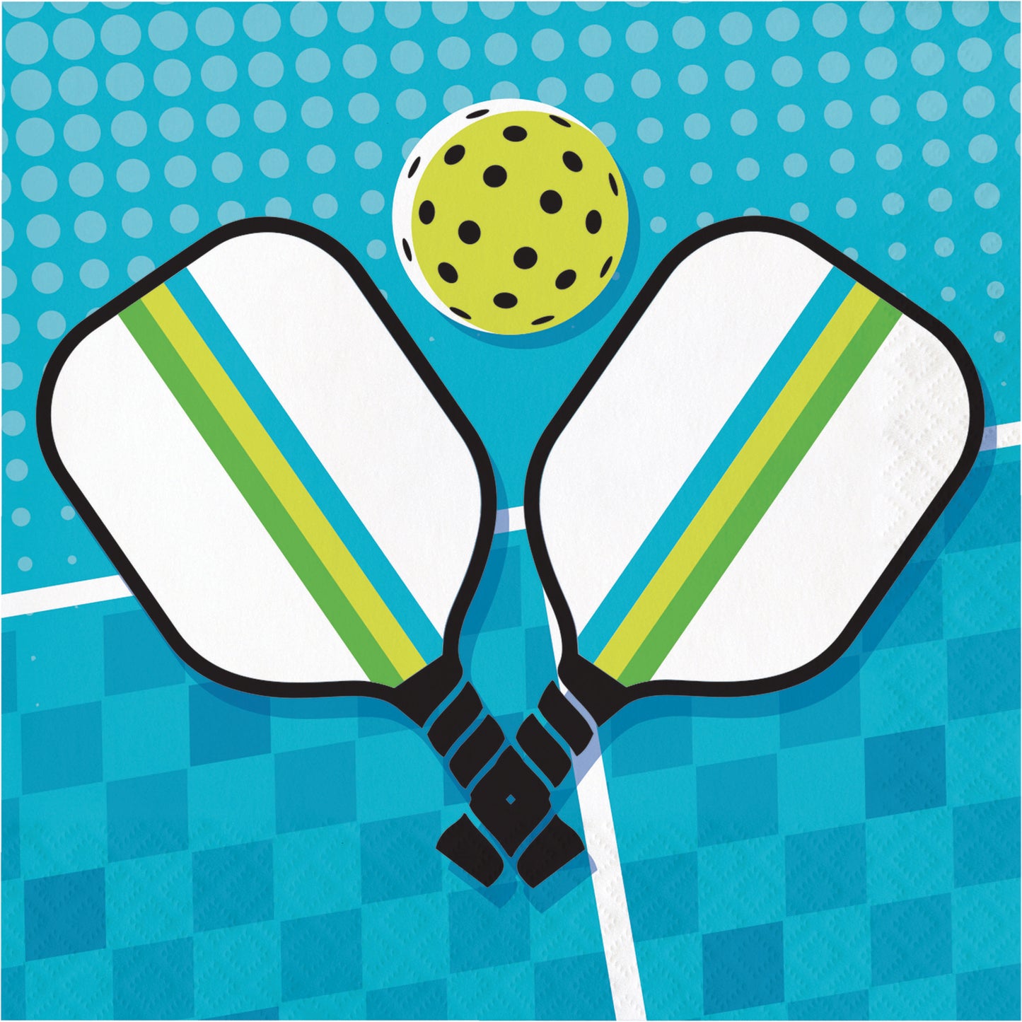 Napkin featuring two pickleball paddles with a ball on a polka dot and checkered pickleball court background