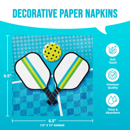 Decorative paper napkins with pickleball design on a blue background with dimensions and infographics
