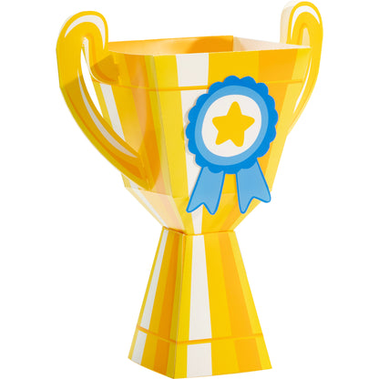 Yellow trophy with a blue ribbon featuring a star on a white background