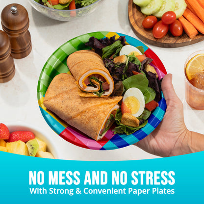 Colorful paper plate with a wrap and salad, surrounded by fresh vegetables and a glass of iced tea, with text 'No Mess and No Stress'.