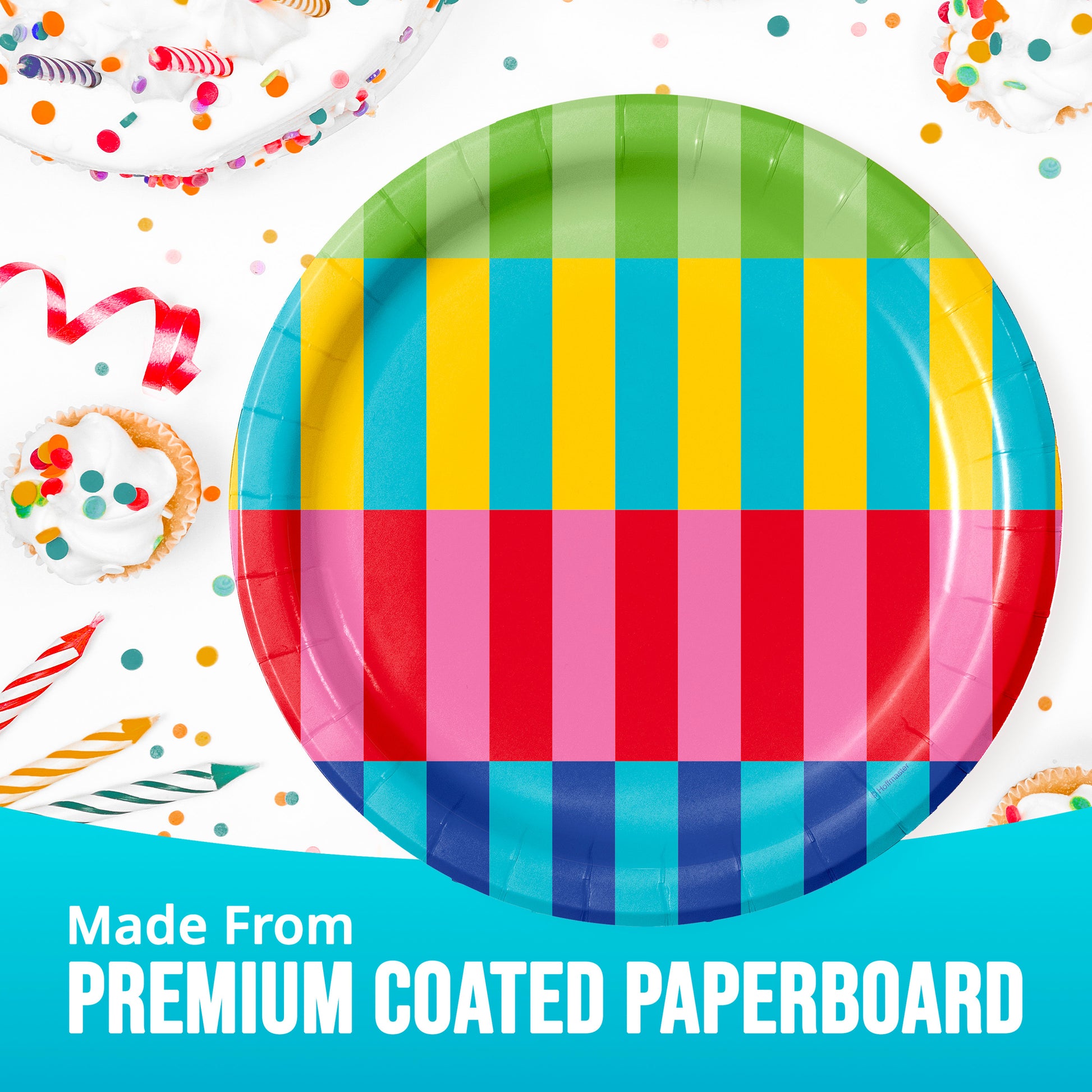 Colorful striped paper plate with party decorations in the background and "Made from premium coated paperboard" text