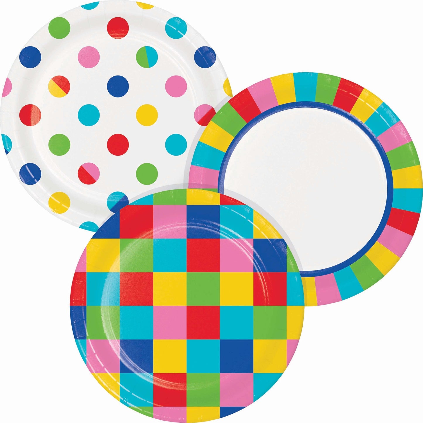 Colorful polka dot dessert plate, checkered plate, and colorful border plate on a white background