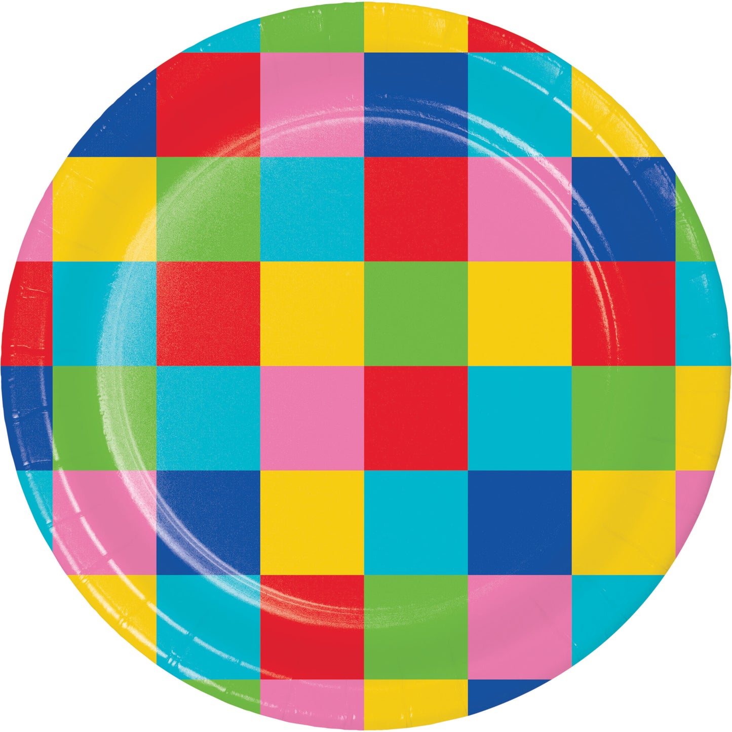 Colorful checkered paper plate with a multicolor pattern on a white background