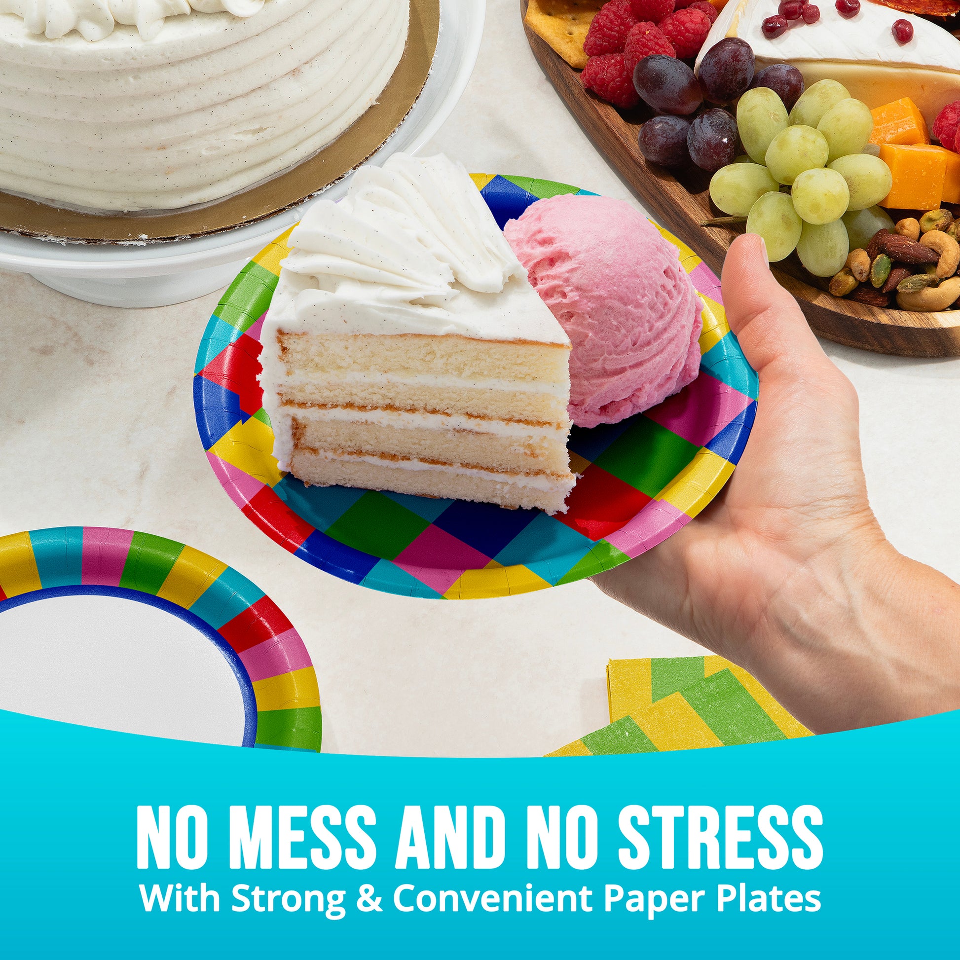 Colorful paper plate with cake and ice cream, surrounded by fruits and nuts, with text 'No Mess and No Stress with Strong & Convenient Paper Plates'.