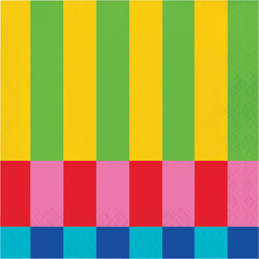 Colorful striped napkin with vertical green and yellow stripes, horizontal red and pink stripes, and diagonal blue and turquoise stripes.