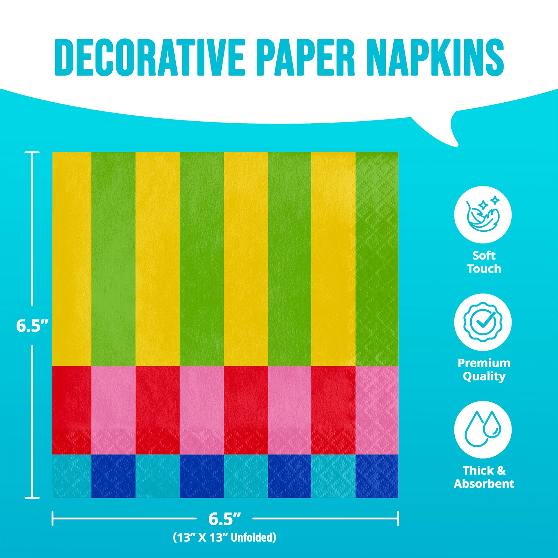 Decorative paper napkins with color pattern and measurements on a blue background