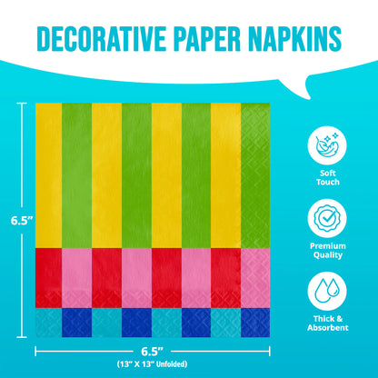 Decorative paper napkins with color pattern and measurements on a blue background