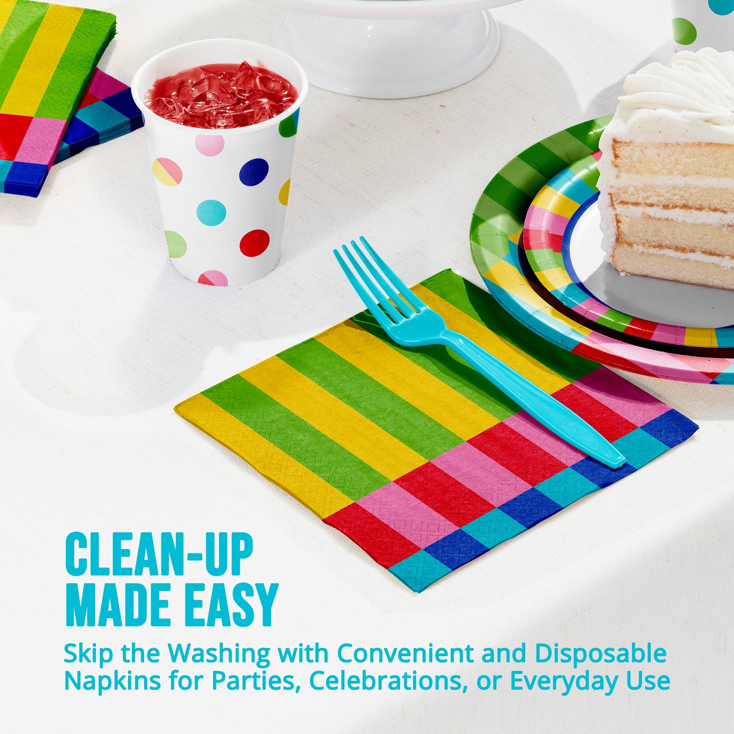 Colorful disposable tableware including plates, cups, and napkins on a white surface with text 'Clean-up Made Easy'.