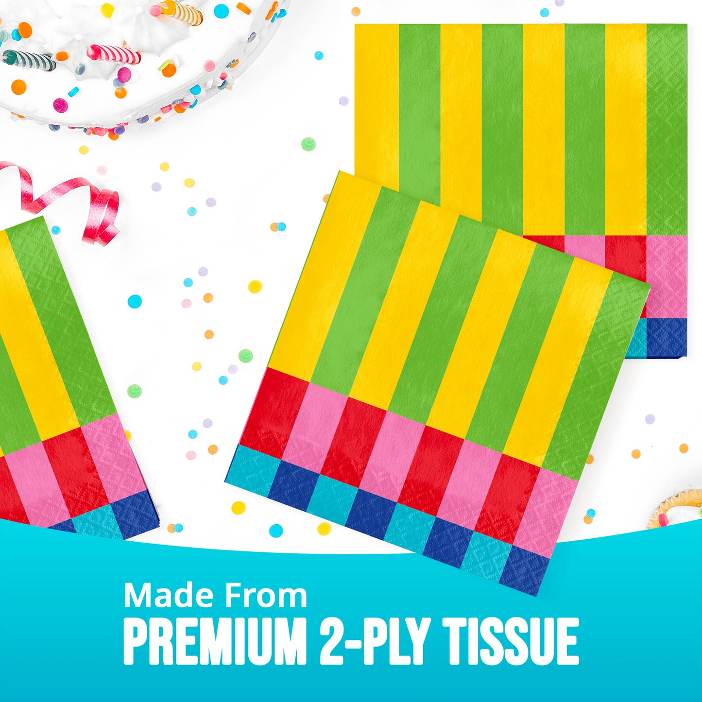 Colorful striped tissues with text 'Made From Premium 2-Ply Tissue' on a white background with confetti.
