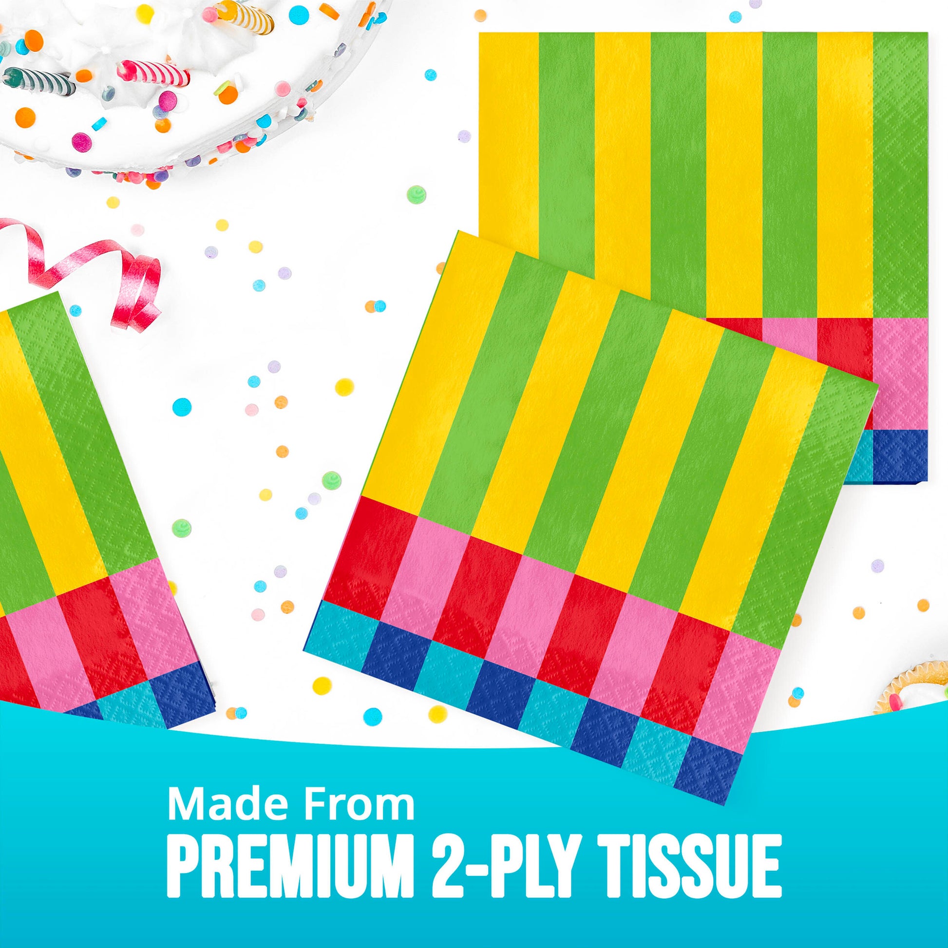 Colorful striped tissues with text 'Made From Premium 2-Ply Tissue' on a white background with confetti.