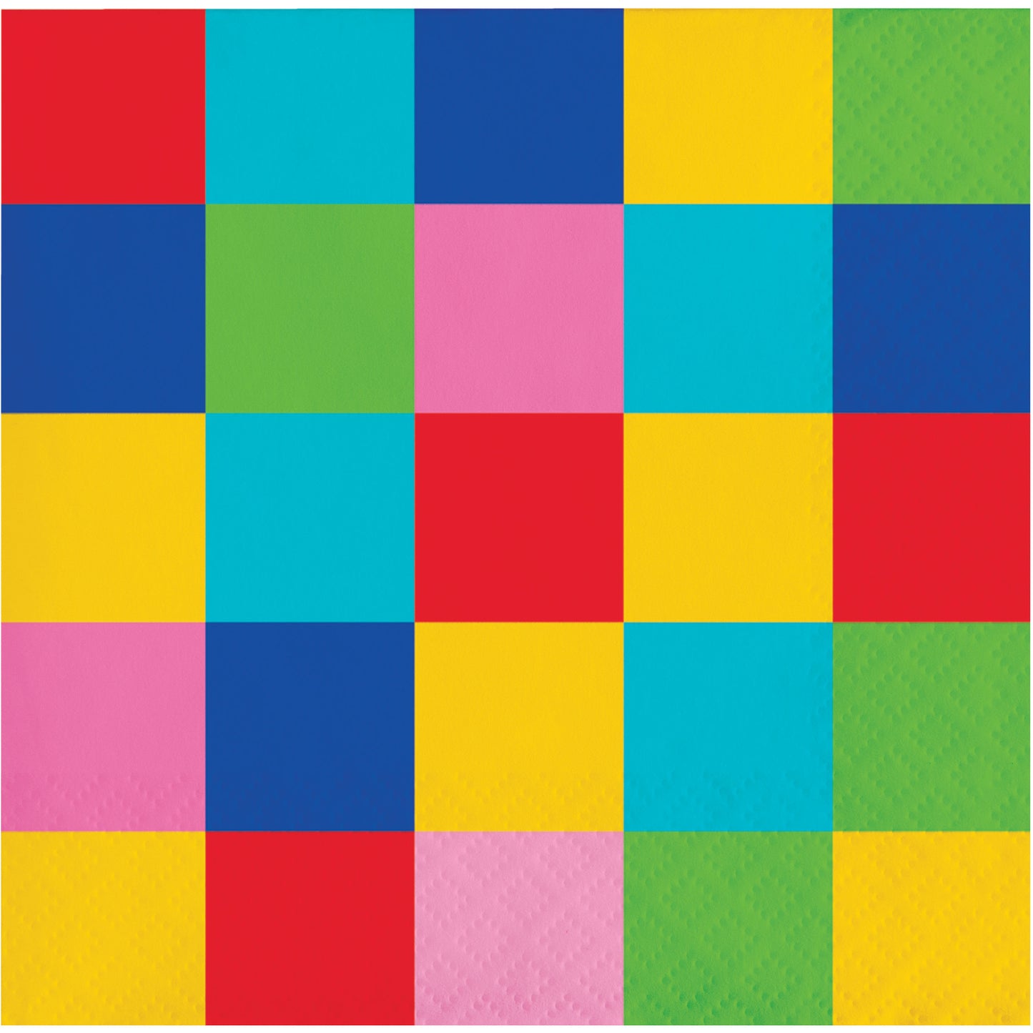 Colorful checkered napkin with squares in red, blue, yellow, green, and pink.