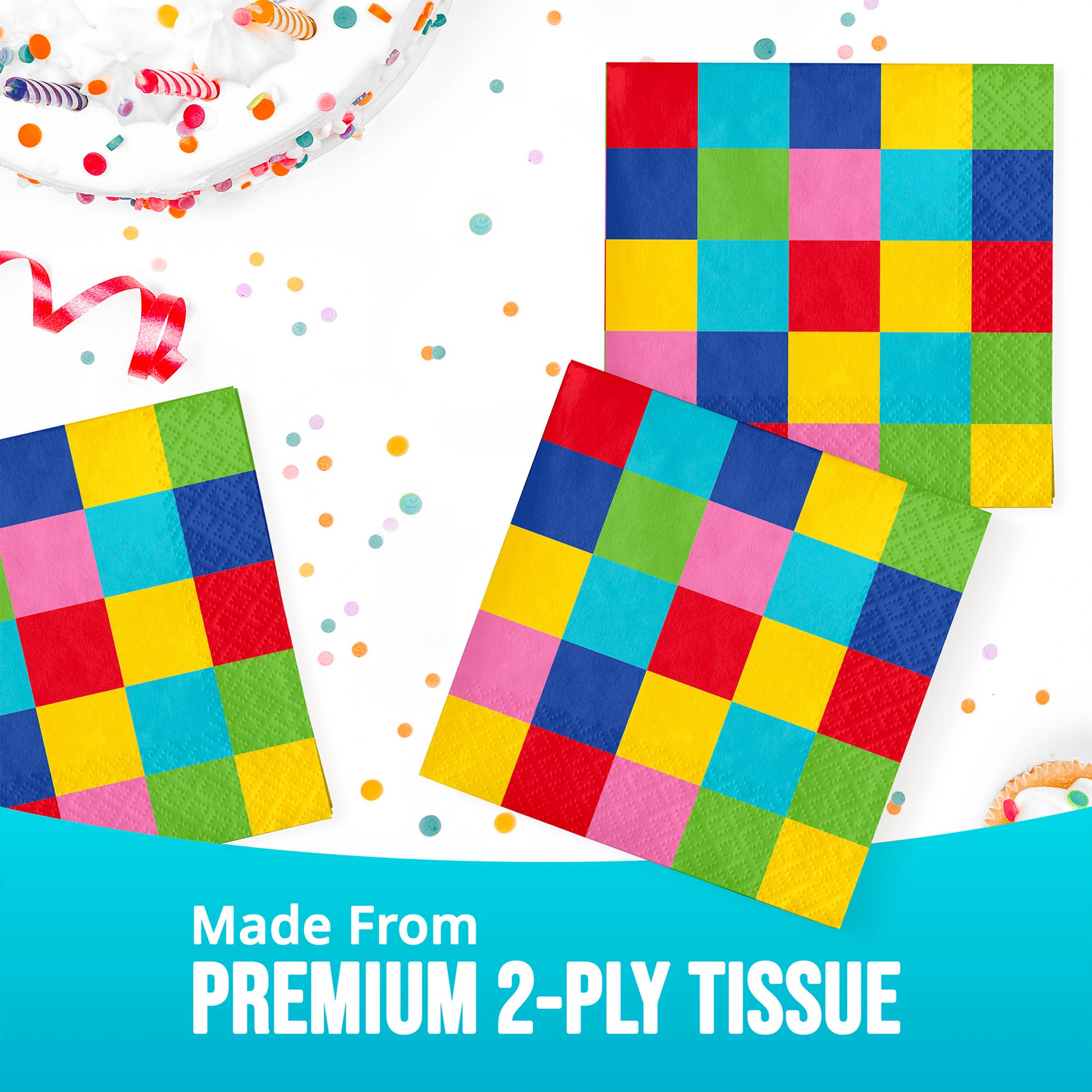 Colorful checkered tissue paper with premium 2-ply text on a white background