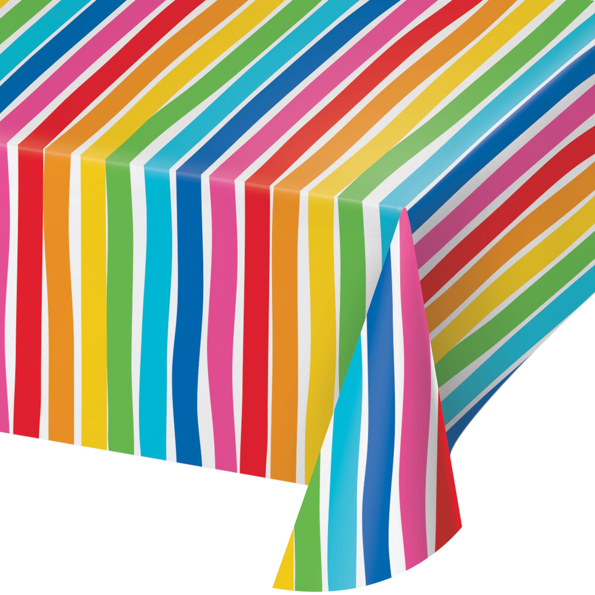 Colorful striped tablecloth with rainbow pattern on a white background