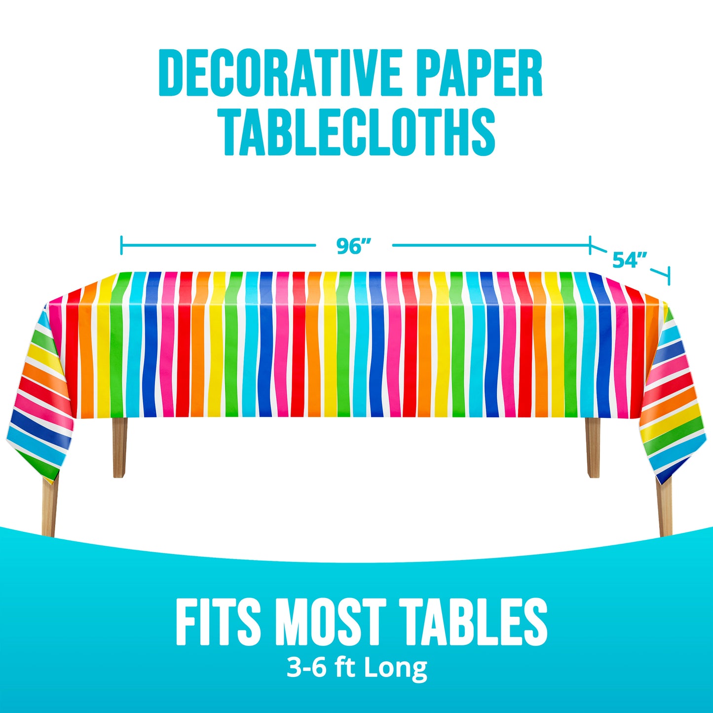 Decorative paper tablecloth with rainbow stripes on a white background, showing dimensions and text about table size compatibility.