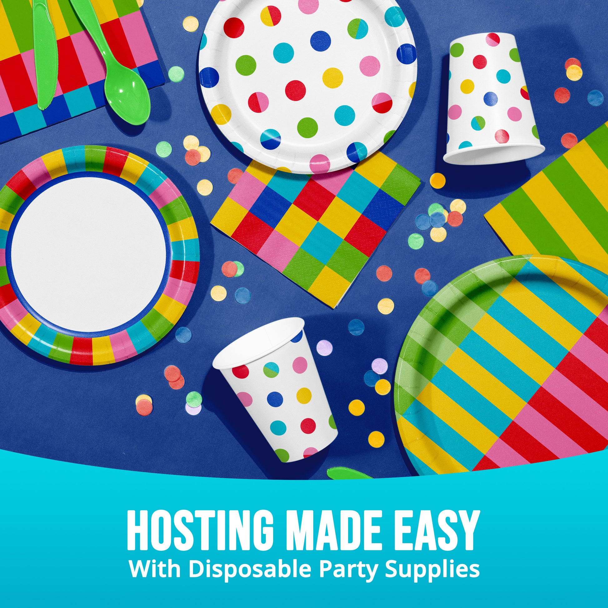 Colorful plates, napkins, cups and cutlery on a blue background with "Hosting Made Easy" text