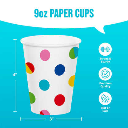 9oz paper cup with colorful polka dots on a blue background, featuring text and icons about the product.