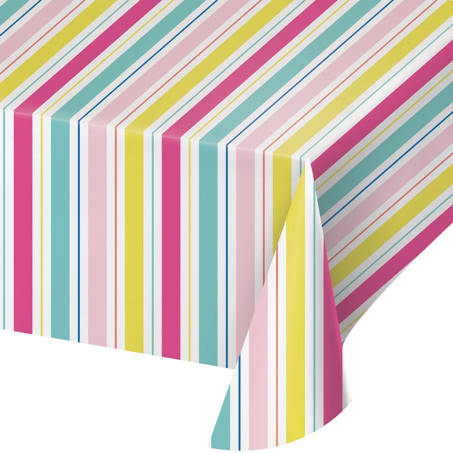Colorful striped tablecloth with pink, green, and yellow lines on a white background