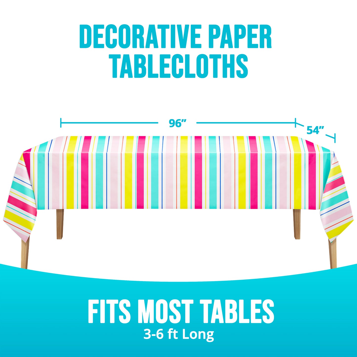 Colorful striped paper tablecloth on a table with dimensions displayed.