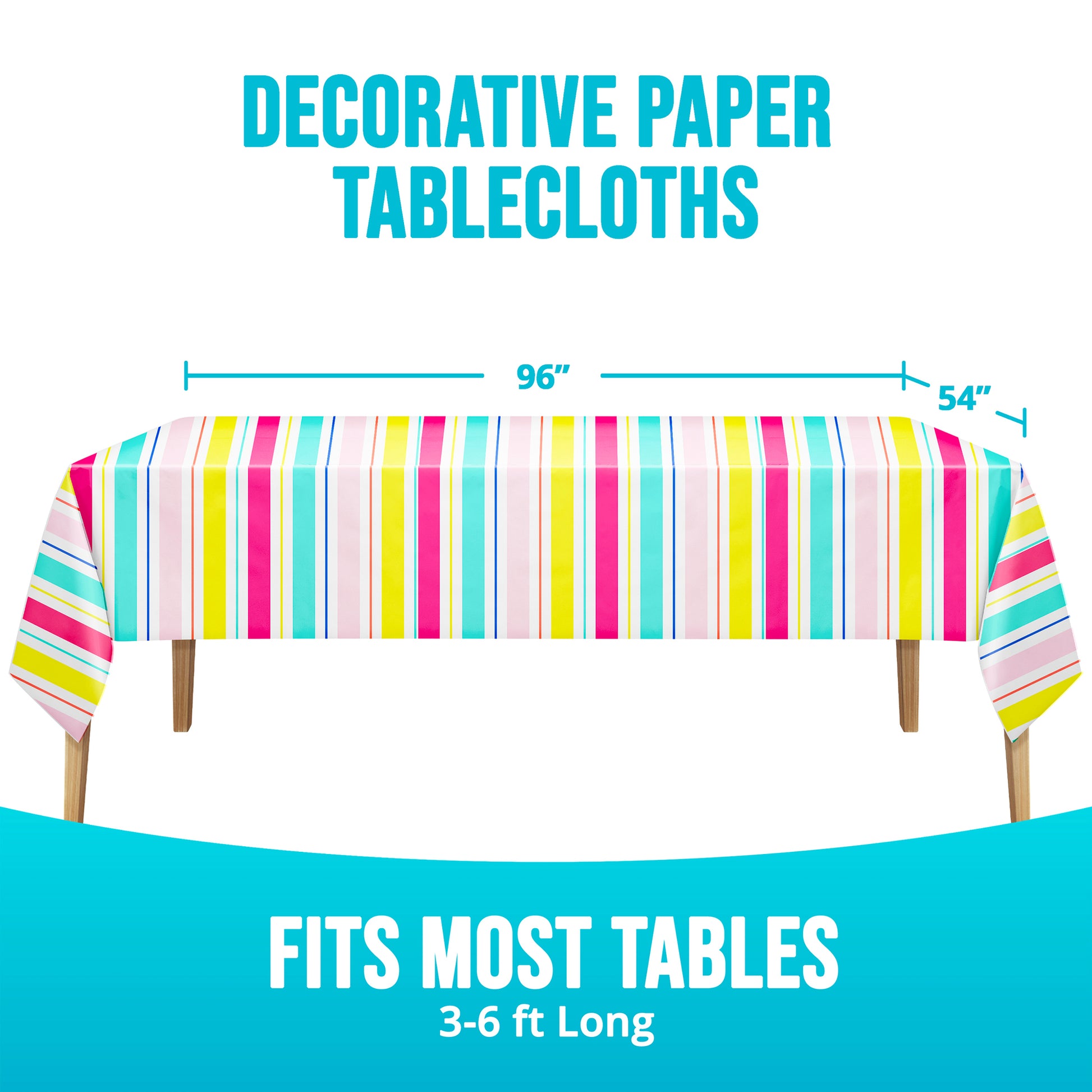 Colorful striped paper tablecloth on a table with dimensions displayed.