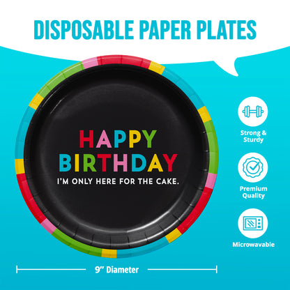 Disposable paper plate with colorful rim and 'Happy Birthday I'm Only Here For The Cake' text on a blue background with information icons and dimensions