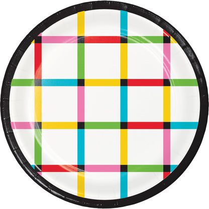 Round plate with a colorful checkered pattern and black trim on a white background