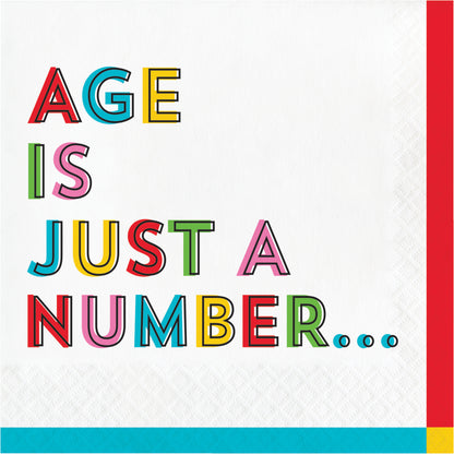 Colorful text 'AGE IS JUST A NUMBER...' on a white background with a red and blue border.