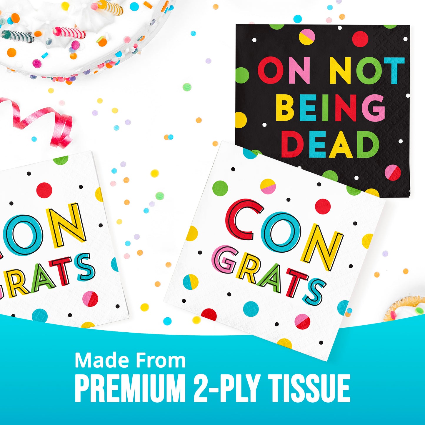 Colorful party-themed tissues with text and confetti on a white background with "Made from Premium 2-Ply Tissue" text
