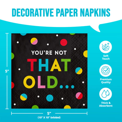 Decorative paper napkins with colorful text and polka dots on a blue background with dimensions and infographic information.