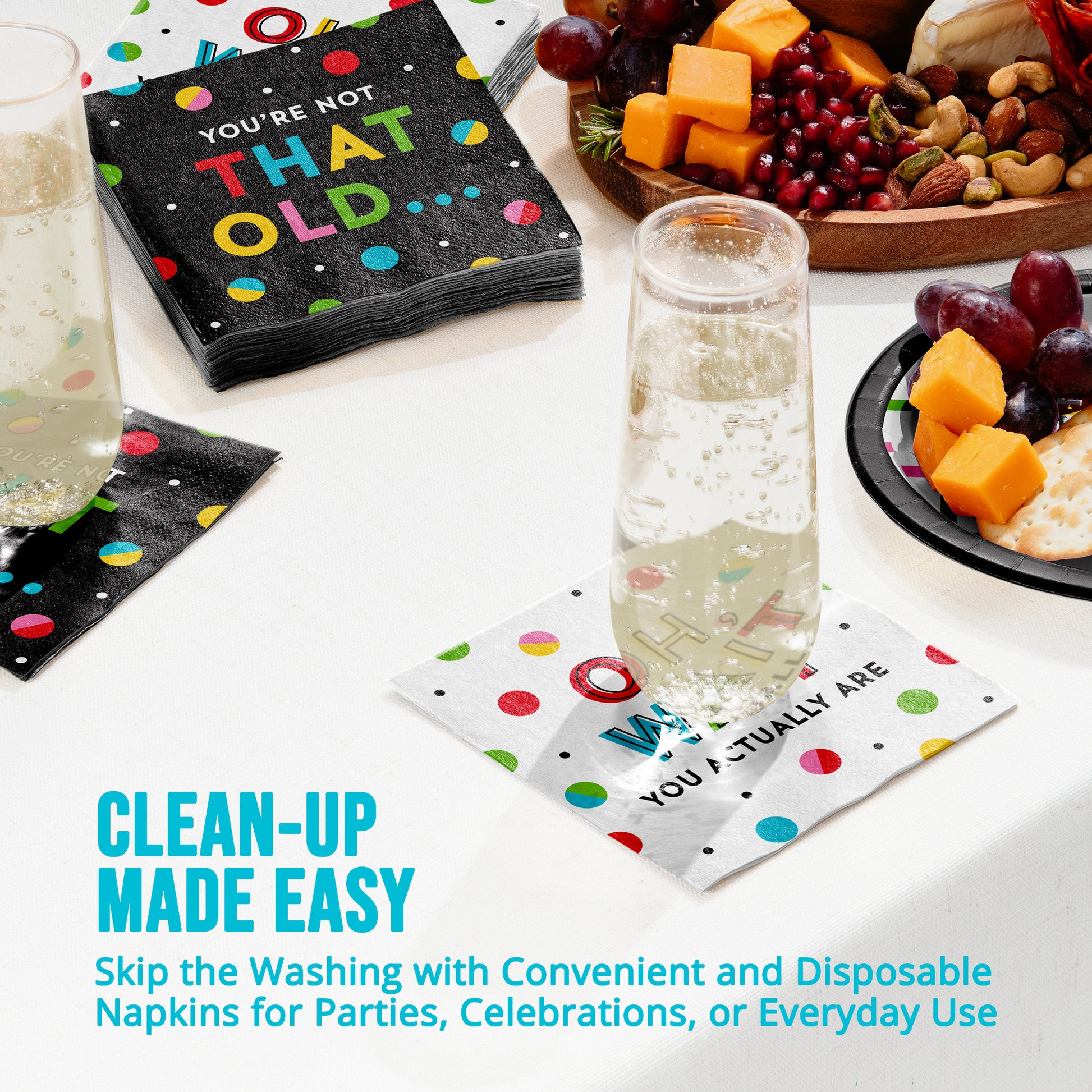 Disposable napkins with humorous text on a table with drinks and snacks.